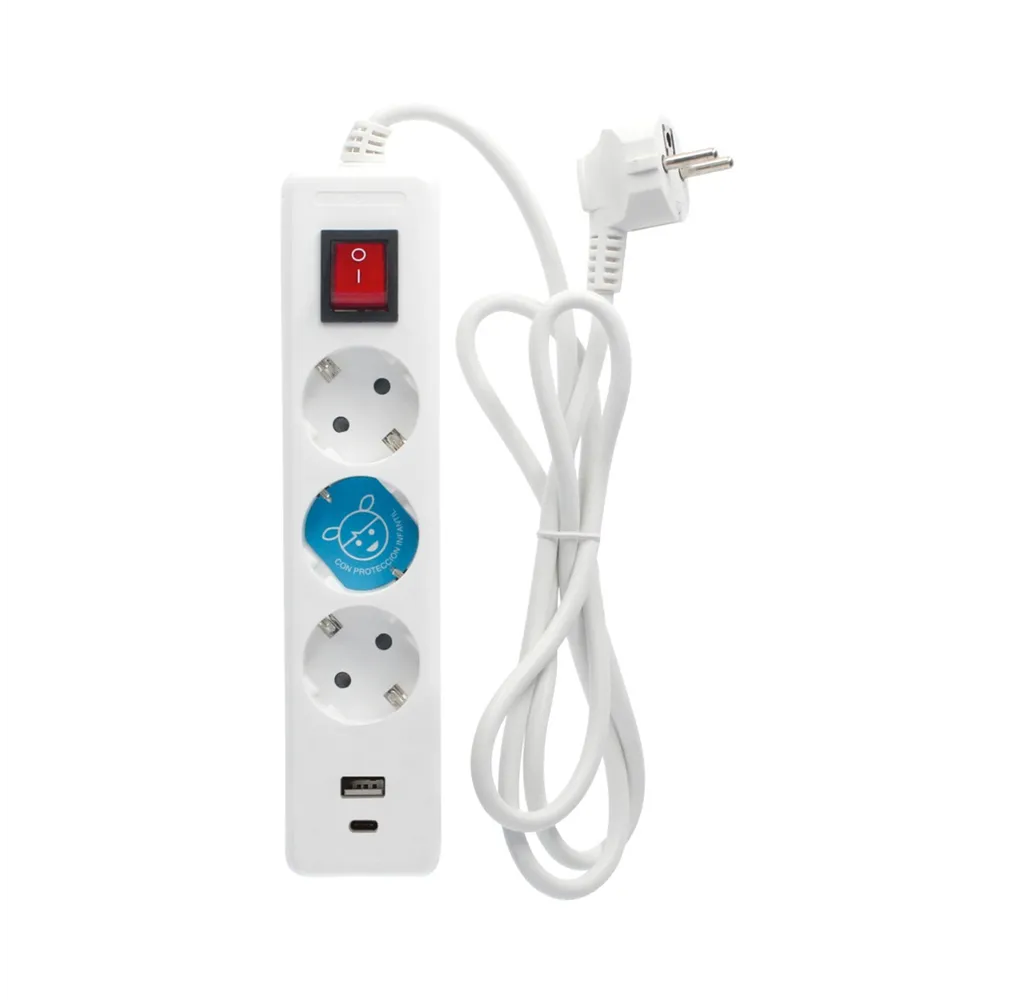Base múltiple 3T + USB C + A con interruptor (3x1.5mm) 1,4M Blanca