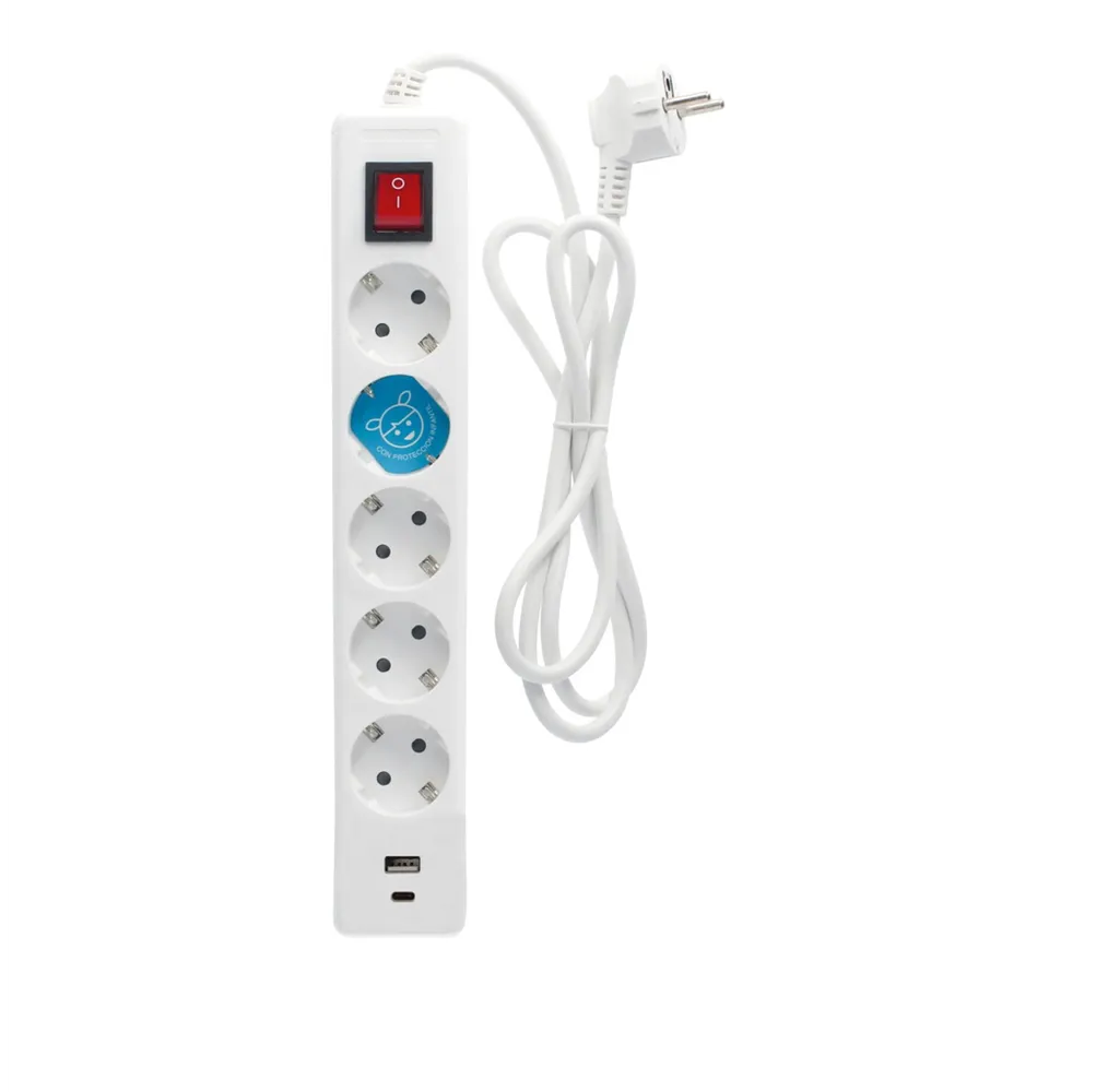Base múltiple 5T + USB C + A con interruptor (3x1.5mm) 1,4M Blanca