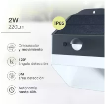 Aplique solar LED 2W 4000K con sensor de movimiento y crepuscular