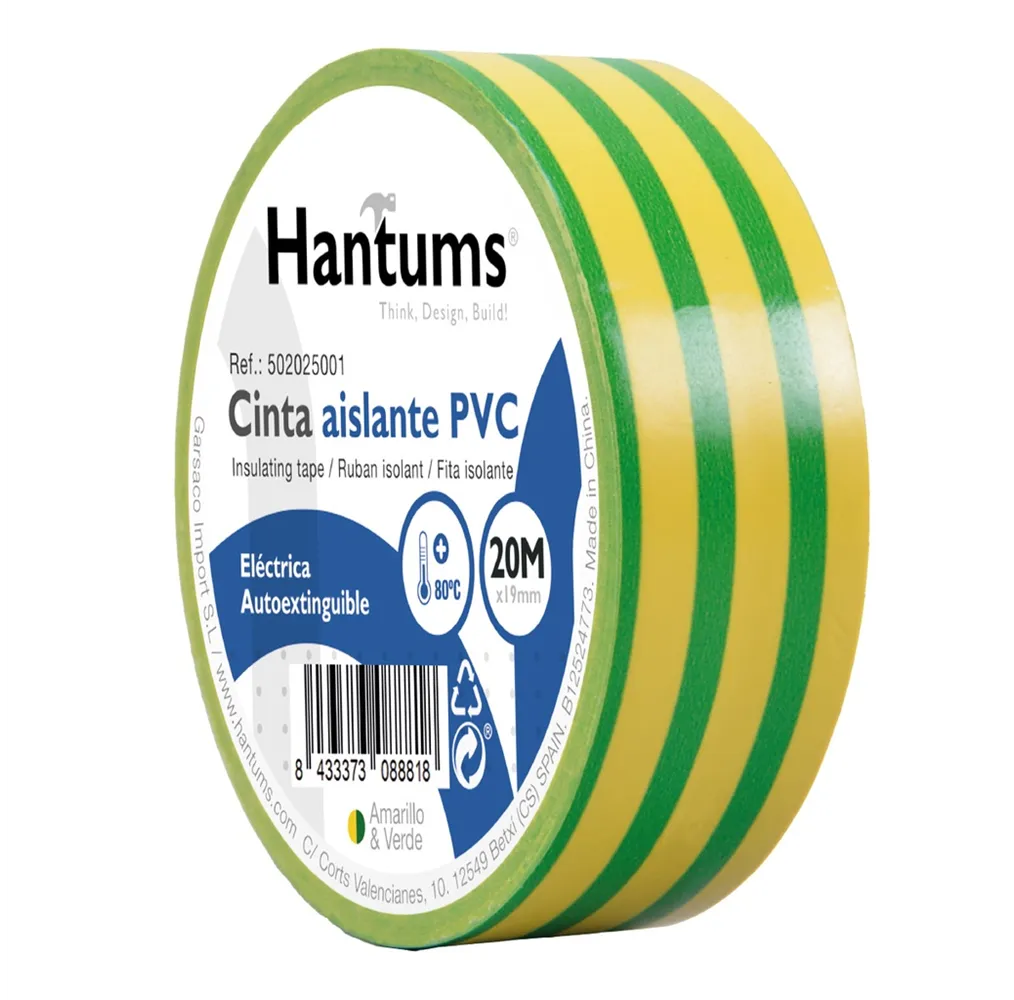 Cinta aislante eléctrica PVC 20M Amarillo y Verde - 10u retráctil