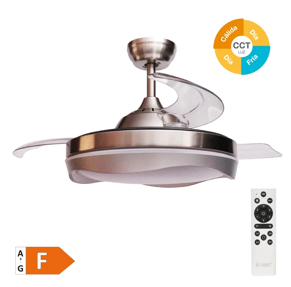 Ventilador techo Nicosia con luz CCT regulable y mando Ø107 3 aspas retráctiles DC Níquel