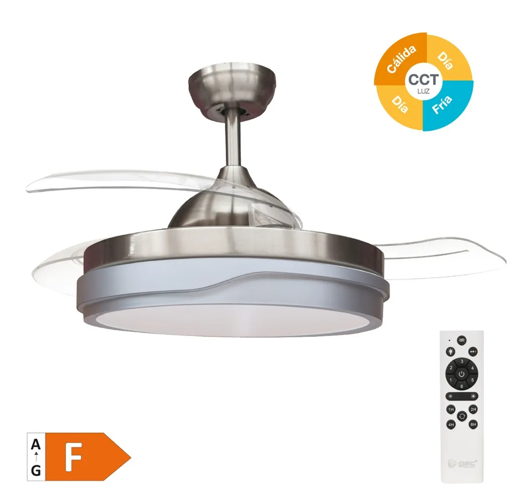 Ventilador techo Lentini con luz CCT regulable y mando Ø107 3 aspas retráctiles DC Níquel