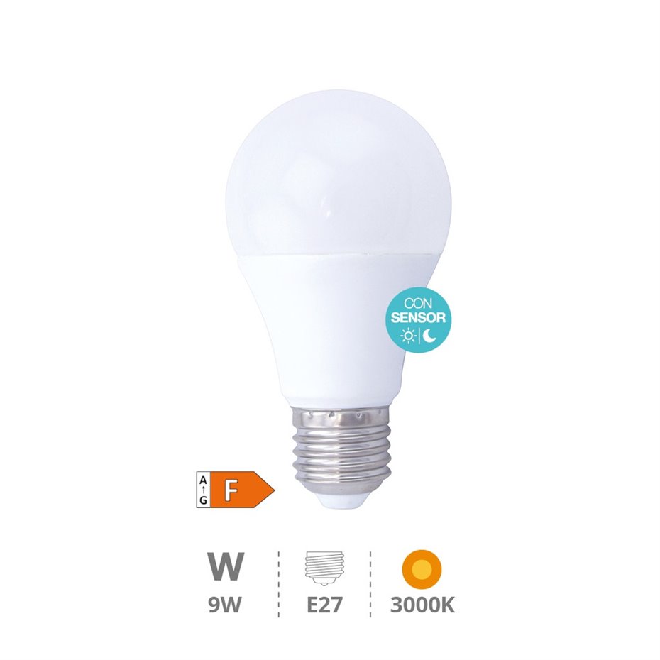 Lámpara LED estándar con sensor crepuscular 9W E27 3000K