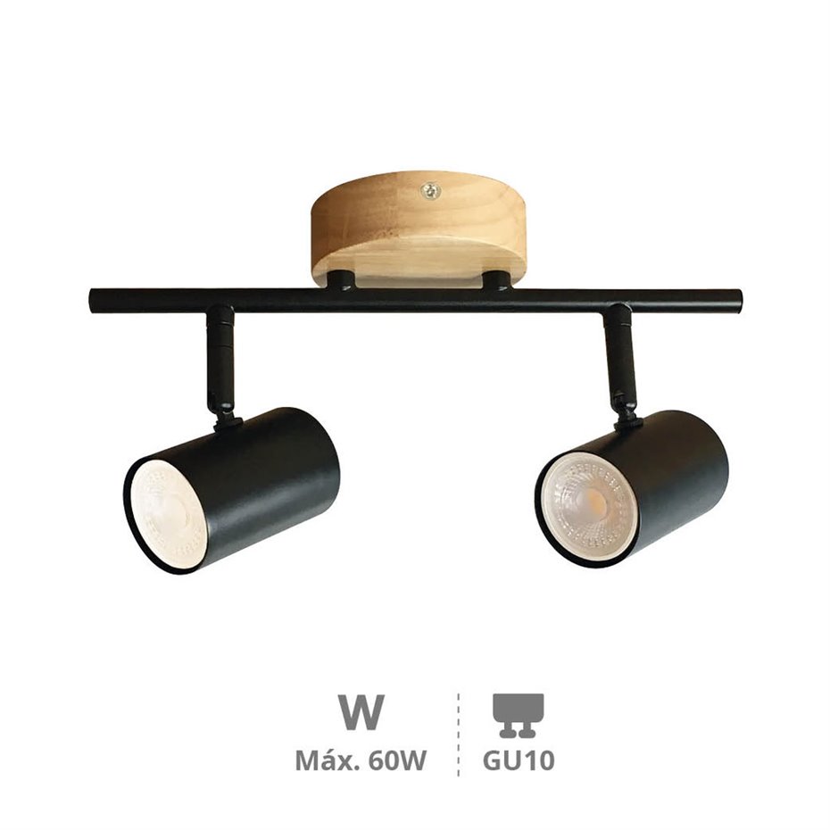 Foco doble de techo GU10 Max.60W Madera-Negro