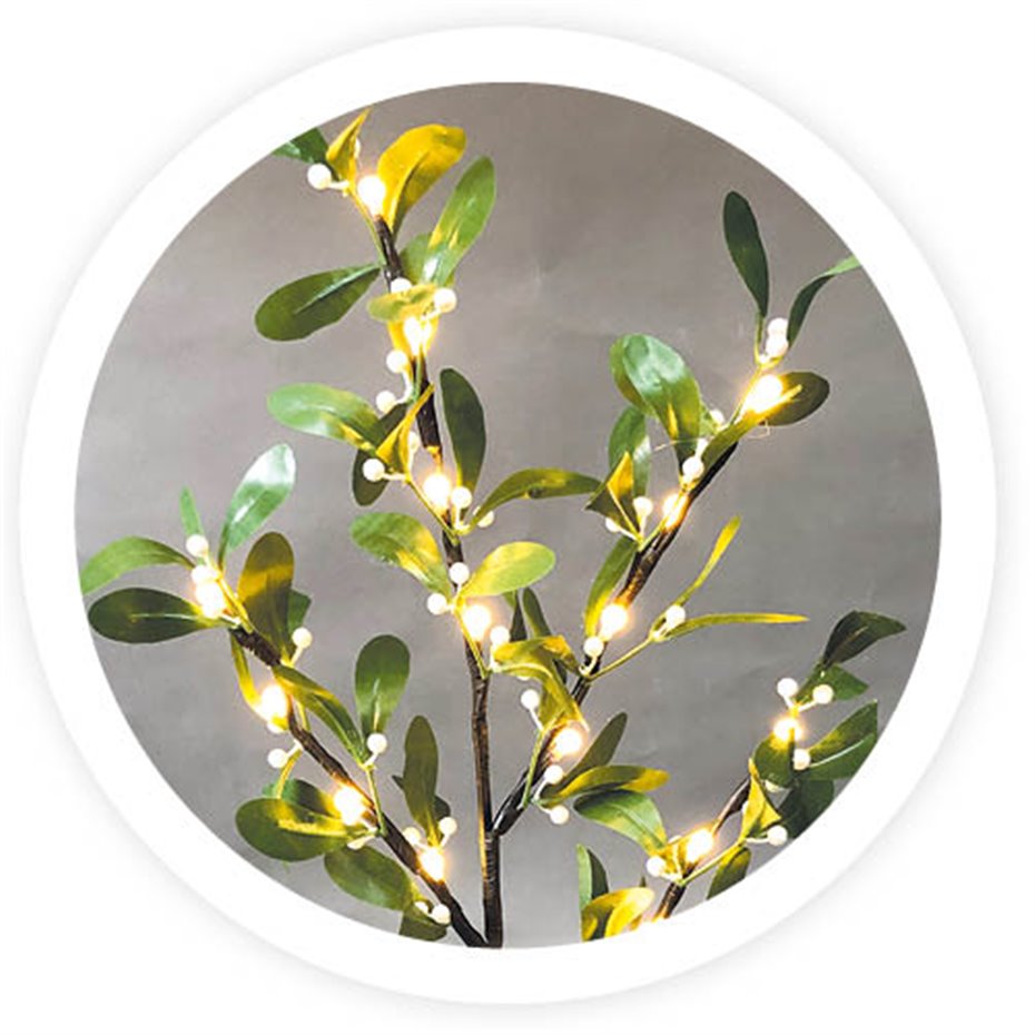 Rama decorativa LED de hojas y bayas blancas 0,75M Luz cálida